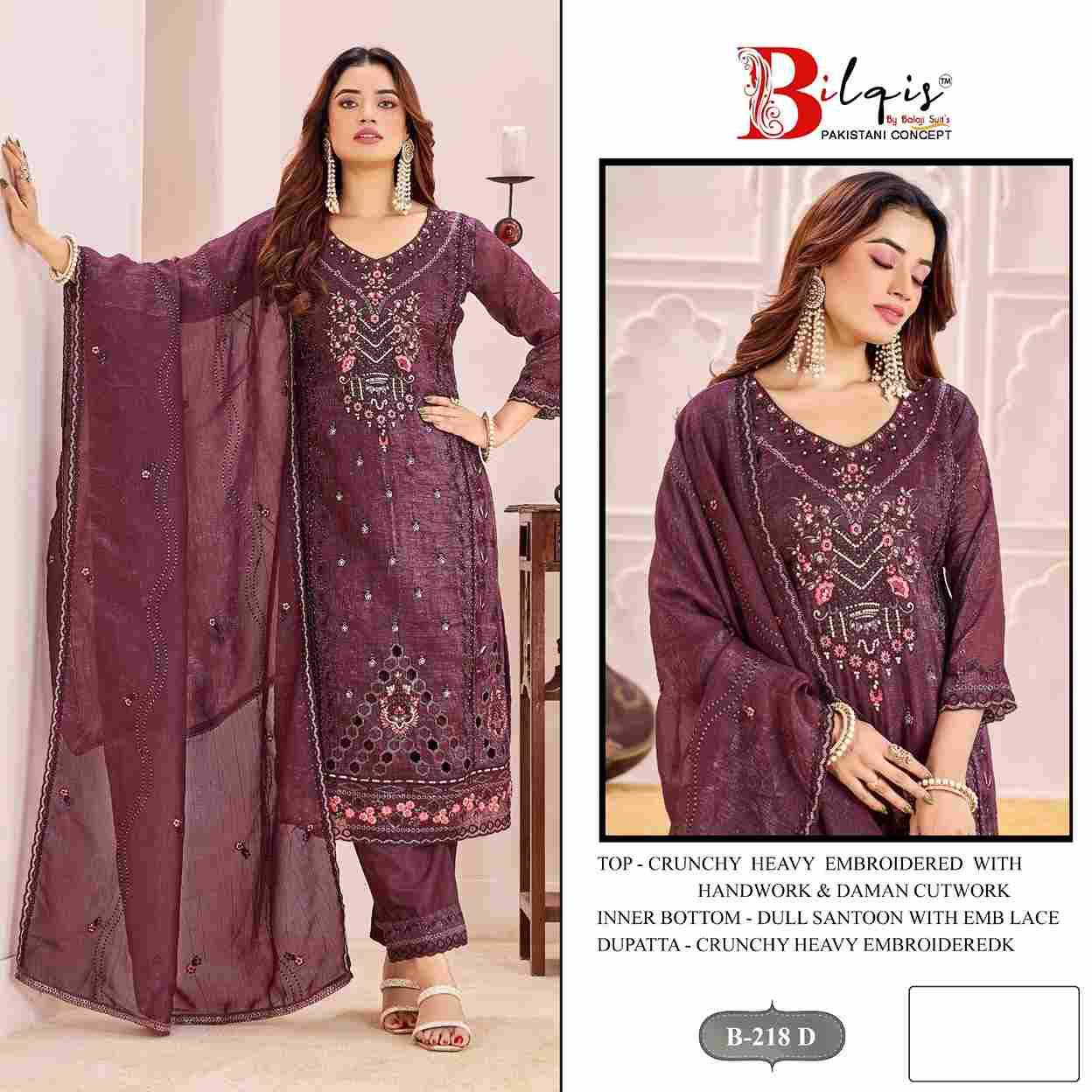 Bilqis 218 Colours By Bilqis 218-A To 218-D Series Beautiful Pakistani Suits Stylish Fancy Colorful Party Wear & Occasional Wear Crunchy Embroidery Dresses At Wholesale Price