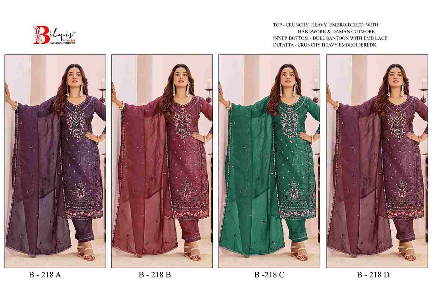 Bilqis 218 Colours By Bilqis 218-A To 218-D Series Beautiful Pakistani Suits Stylish Fancy Colorful Party Wear & Occasional Wear Crunchy Embroidery Dresses At Wholesale Price