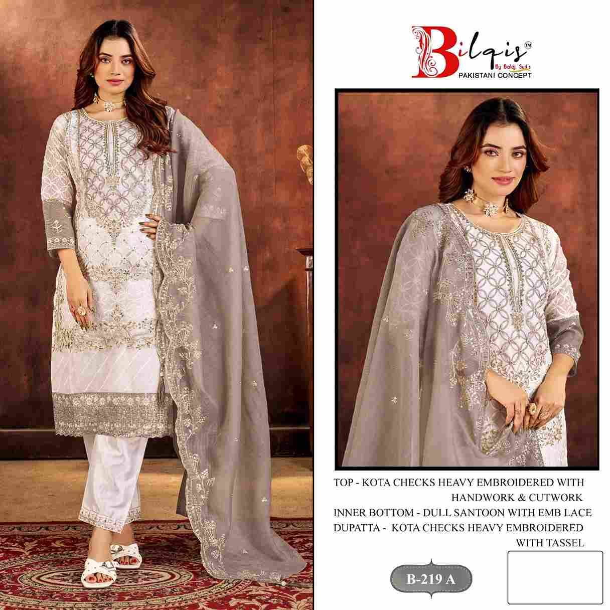 Bilqis 219 Colours By Bilqis 219-A To 219-D Series Beautiful Pakistani Suits Stylish Fancy Colorful Party Wear & Occasional Wear Kota Checks Embroidery Dresses At Wholesale Price
