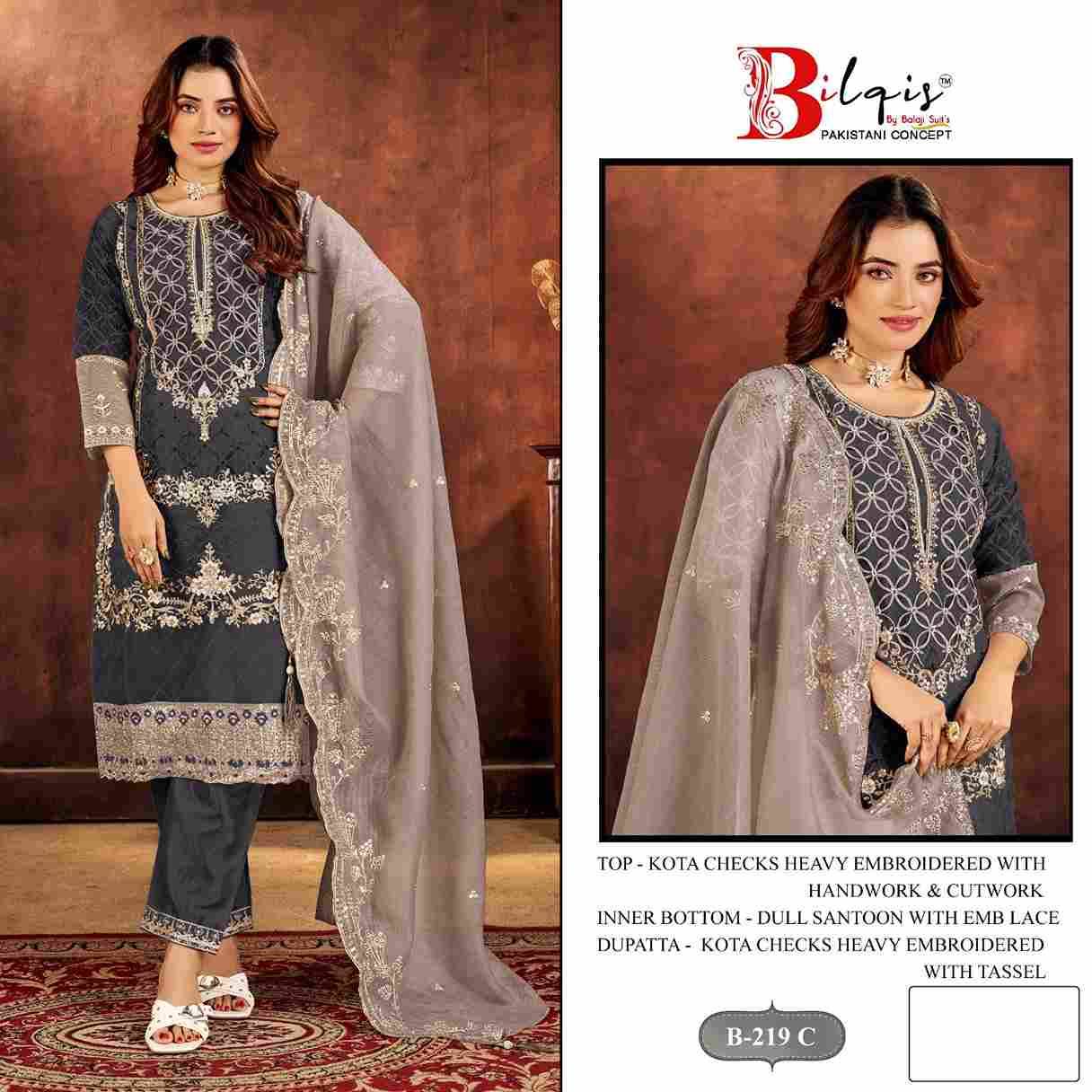 Bilqis 219 Colours By Bilqis 219-A To 219-D Series Beautiful Pakistani Suits Stylish Fancy Colorful Party Wear & Occasional Wear Kota Checks Embroidery Dresses At Wholesale Price