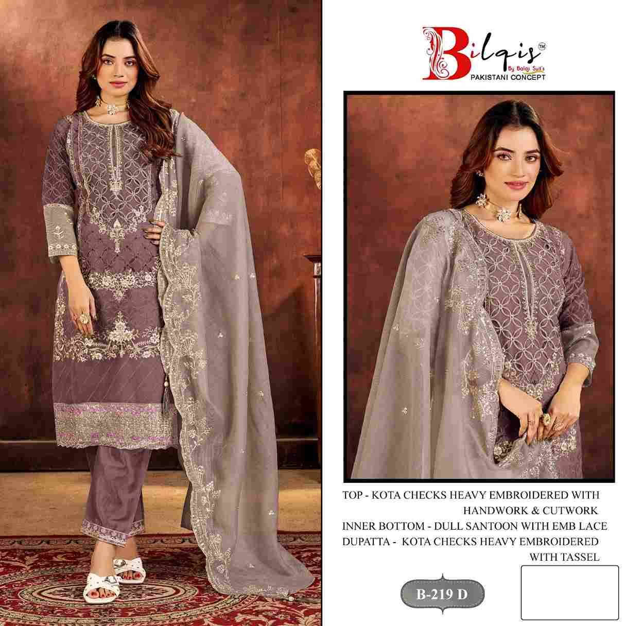 Bilqis 219 Colours By Bilqis 219-A To 219-D Series Beautiful Pakistani Suits Stylish Fancy Colorful Party Wear & Occasional Wear Kota Checks Embroidery Dresses At Wholesale Price