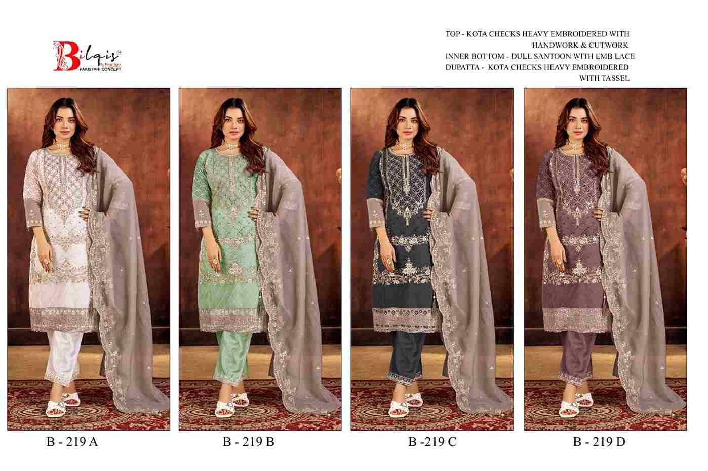 Bilqis 219 Colours By Bilqis 219-A To 219-D Series Beautiful Pakistani Suits Stylish Fancy Colorful Party Wear & Occasional Wear Kota Checks Embroidery Dresses At Wholesale Price