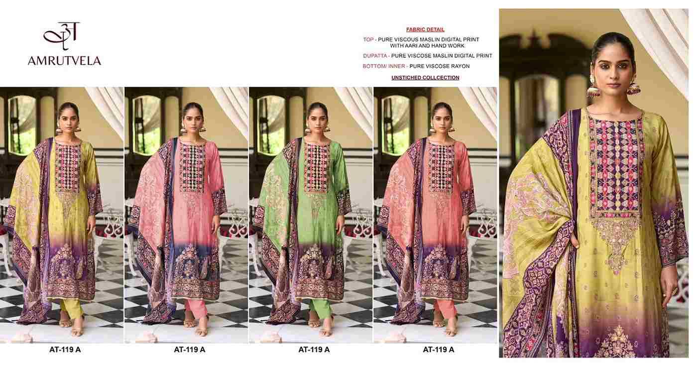 Amrutvela Hit Design AT-119 Colours By Amrutvela AT-119-A To AT-119-D Series Designer Pakistani Suits Collection Beautiful Stylish Fancy Colorful Party Wear & Occasional Wear Viscose Muslin Dresses At Wholesale Price