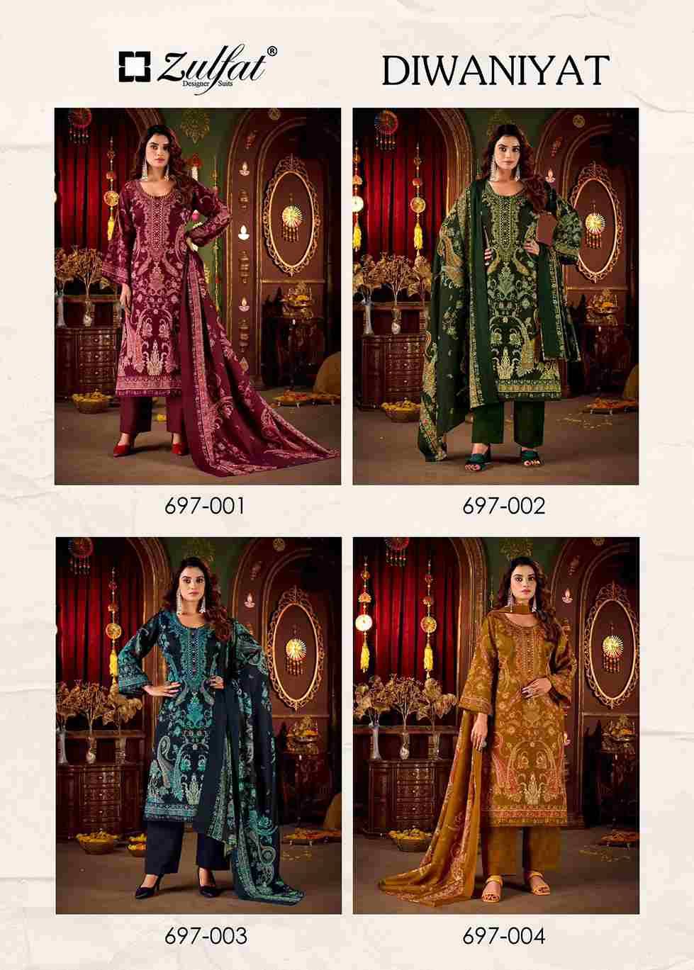 Diwaniyat By Zulfat 697-001 To 697-008 Series Beautiful Stylish Festive Suits Fancy Colorful Casual Wear & Ethnic Wear & Ready To Wear Pure Pashmina Dresses At Wholesale Price