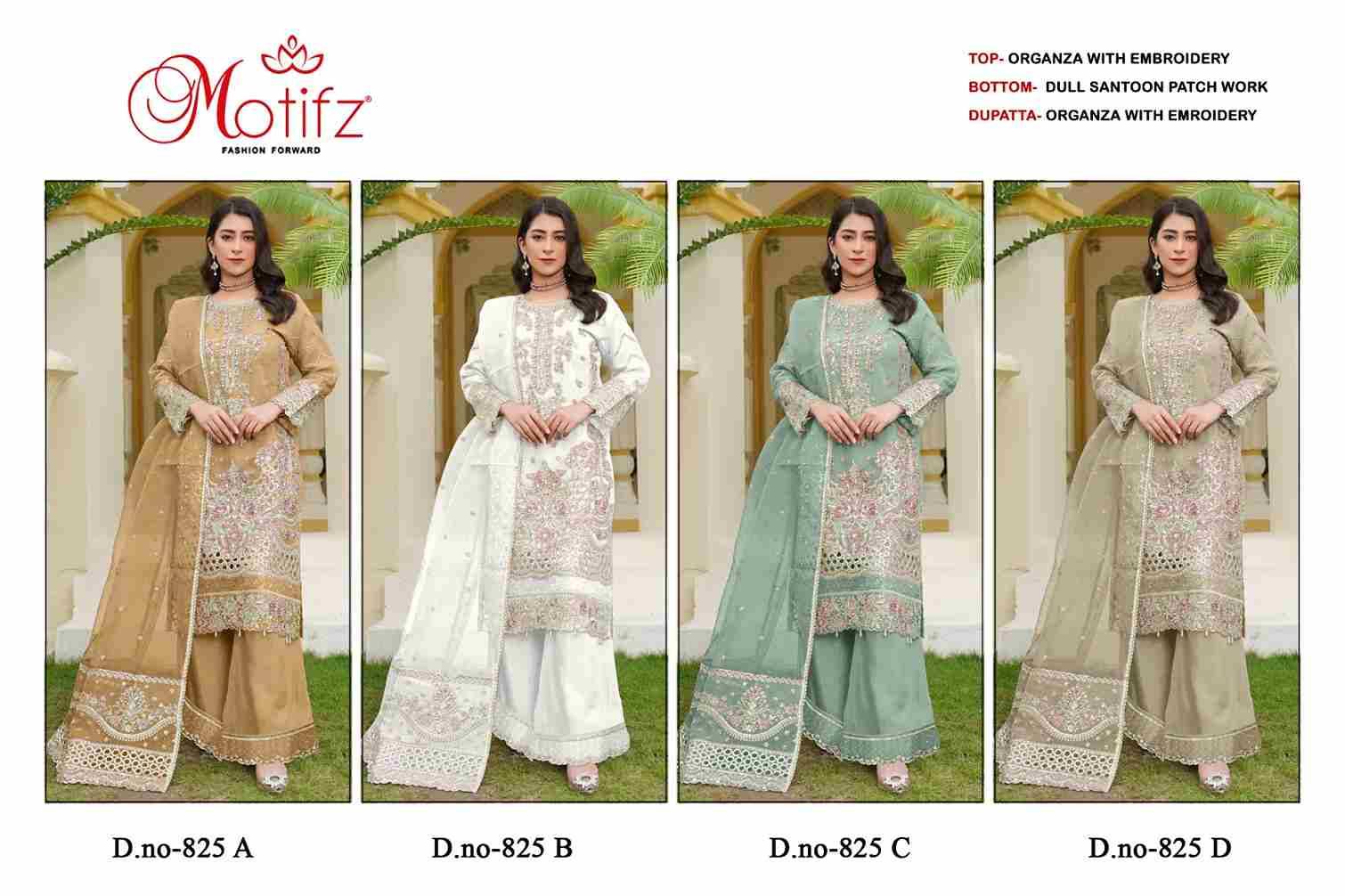 Motifz Hit Design 825 Colours By Motifz 825-A To 825-D Series Beautiful Pakistani Suits Colorful Stylish Fancy Casual Wear & Ethnic Wear Organza Dresses At Wholesale Price