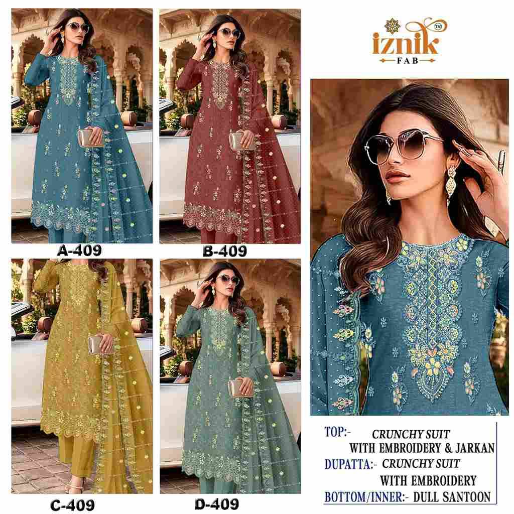 Iznik 409 Colours By Iznik Fab 409-A To 409-D Series Designer Pakistani Suits Beautiful Stylish Fancy Colorful Party Wear & Occasional Wear Crunchy Silk With Embroidery Dresses At Wholesale Price