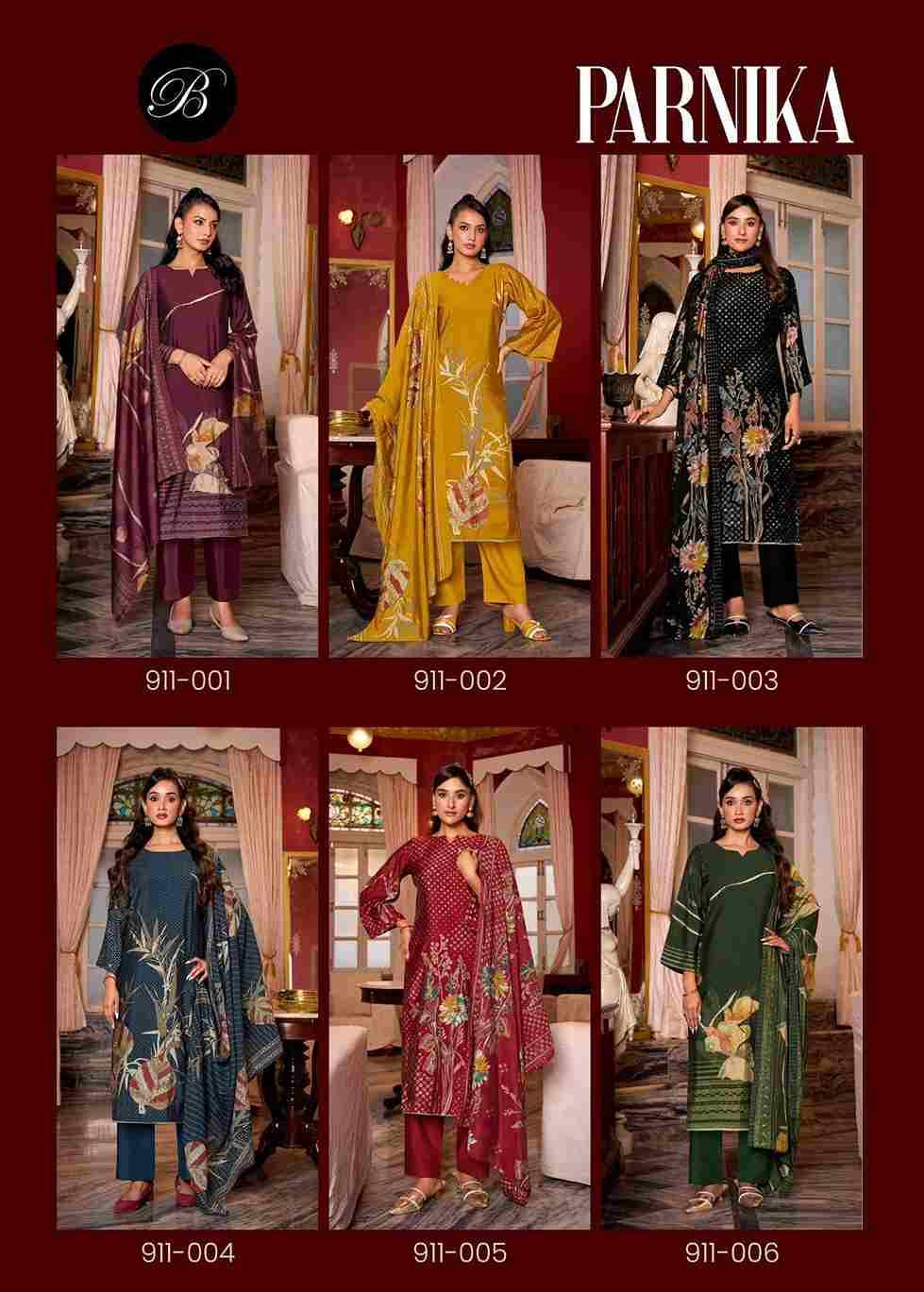 Parnika By Belliza 911-001 To 911-006 Series Beautiful Festive Suits Colorful Stylish Fancy Casual Wear & Ethnic Wear Pure Viscose Muslin Print With Embroidered Dresses At Wholesale Price