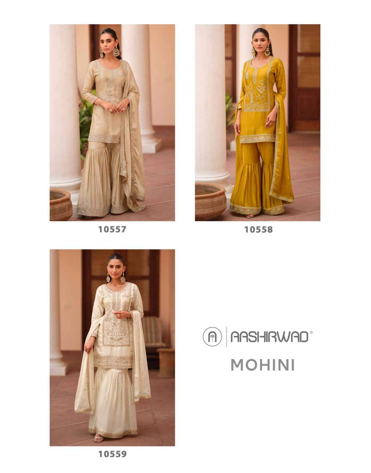 Mohini By Aashirwad Creation 10557 To 10559 Series Beautiful Festive Suits Colorful Stylish Fancy Casual Wear & Ethnic Wear Satin Silk Dresses At Wholesale Price