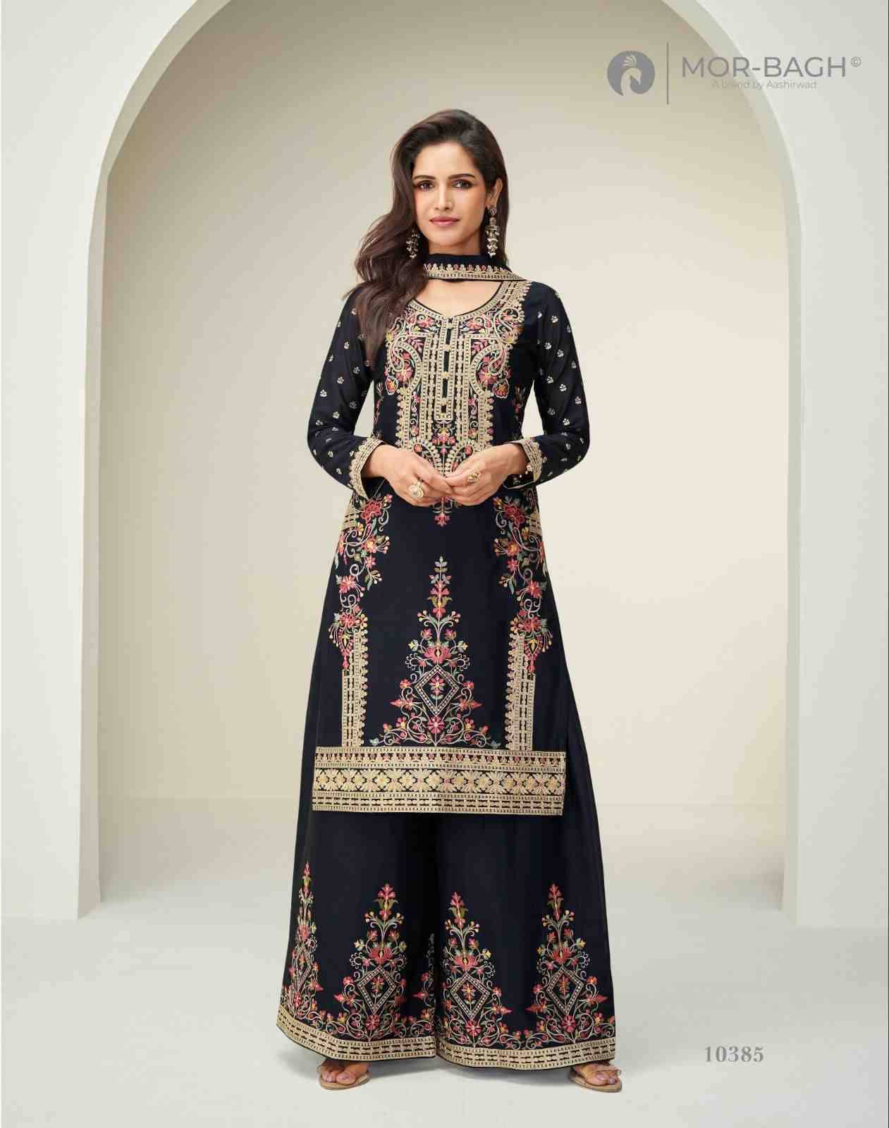 Alisha By Mor-Bagh 10385 To 10386 Series Beautiful Sharara Suits Colorful Stylish Fancy Casual Wear & Ethnic Wear Chinnon Silk With Work Dresses At Wholesale Price