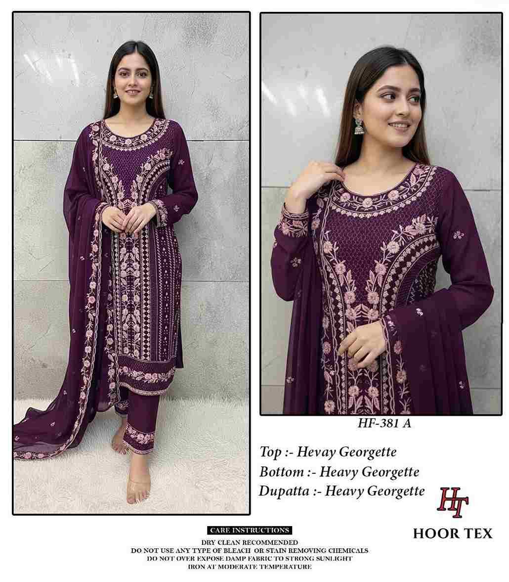 Hoor Tex Hit Design HF-381 Colours By Hoor Tex HF-381-A To HF-381-D Series Designer Festive Pakistani Suits Collection Beautiful Stylish Fancy Colorful Party Wear & Occasional Wear Heavy Georgette With Embroidered Dresses At Wholesale Price