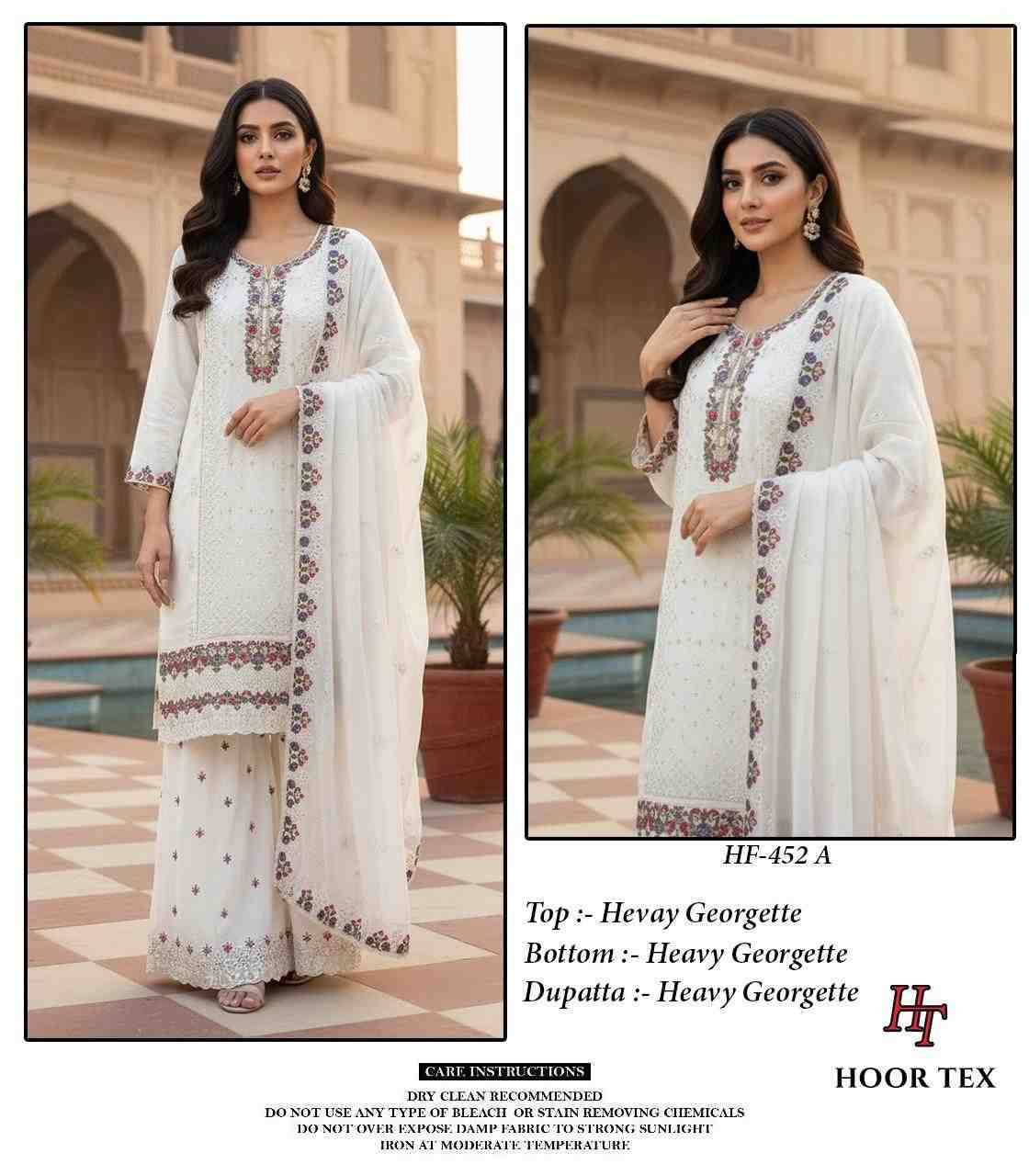 Hoor Tex Hit Design HF-452 Colours By Hoor Tex HF-452-A To HF-452-D Series Designer Festive Pakistani Suits Collection Beautiful Stylish Fancy Colorful Party Wear & Occasional Wear Heavy Georgette With Embroidered Dresses At Wholesale Price