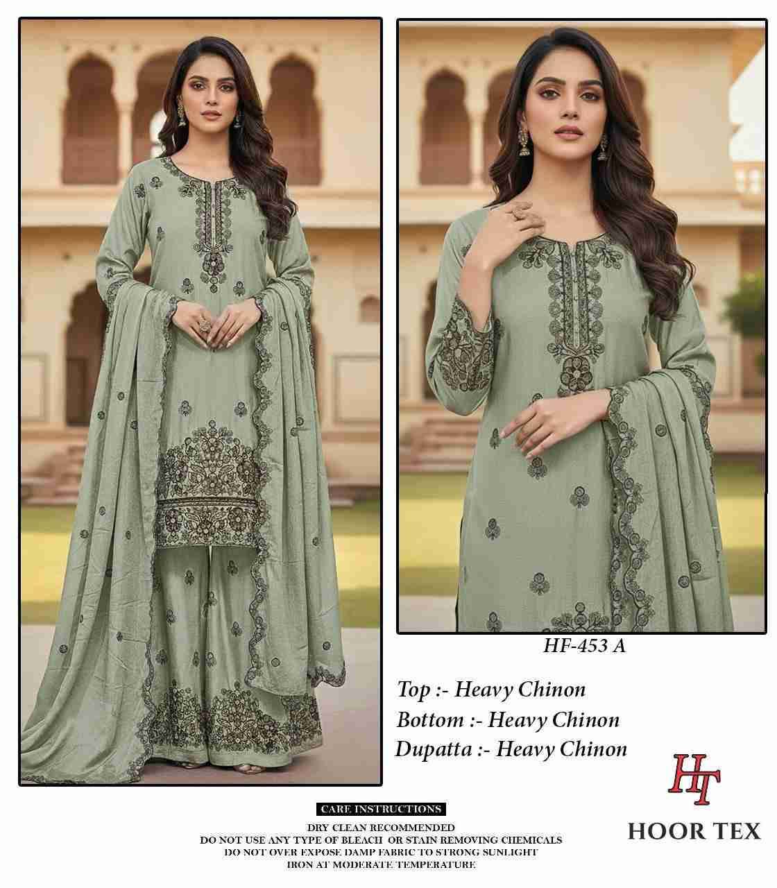 Hoor Tex Hit Design HF-453 Colours By Hoor Tex HF-453-A To HF-453-D Series Designer Festive Pakistani Suits Collection Beautiful Stylish Fancy Colorful Party Wear & Occasional Wear Heavy Chinnon With Embroidered Dresses At Wholesale Price