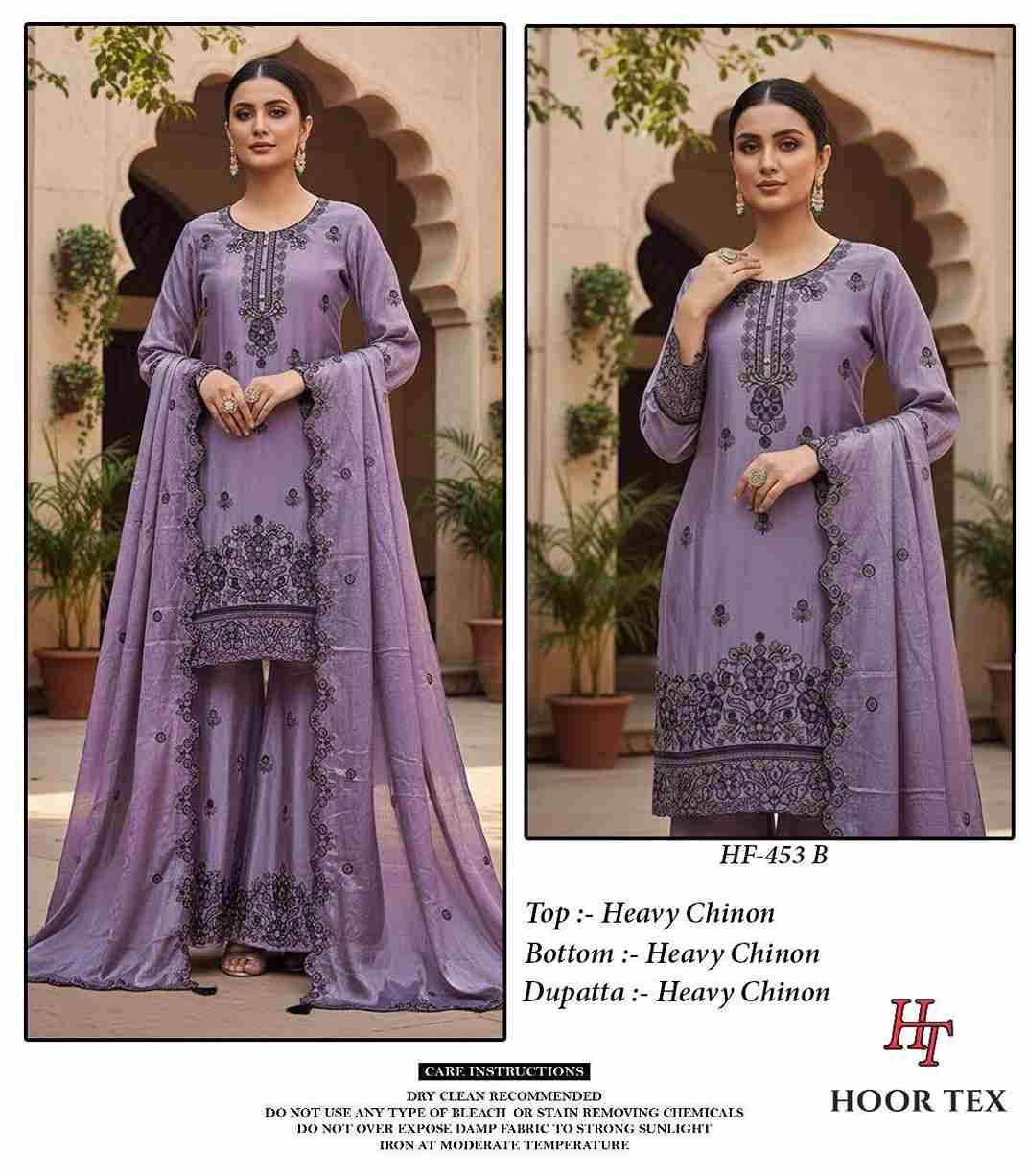 Hoor Tex Hit Design HF-453 Colours By Hoor Tex HF-453-A To HF-453-D Series Designer Festive Pakistani Suits Collection Beautiful Stylish Fancy Colorful Party Wear & Occasional Wear Heavy Chinnon With Embroidered Dresses At Wholesale Price
