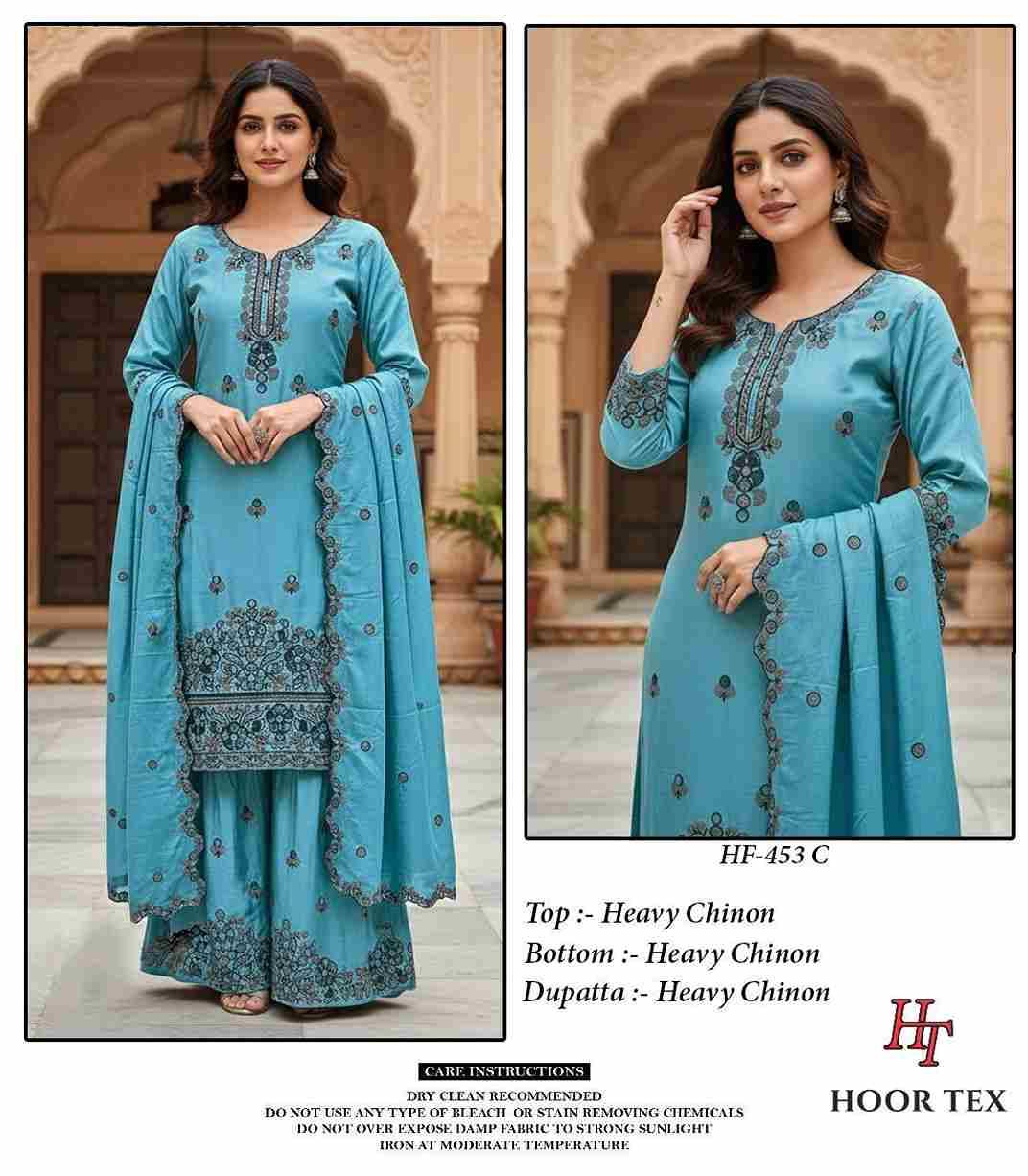 Hoor Tex Hit Design HF-453 Colours By Hoor Tex HF-453-A To HF-453-D Series Designer Festive Pakistani Suits Collection Beautiful Stylish Fancy Colorful Party Wear & Occasional Wear Heavy Chinnon With Embroidered Dresses At Wholesale Price