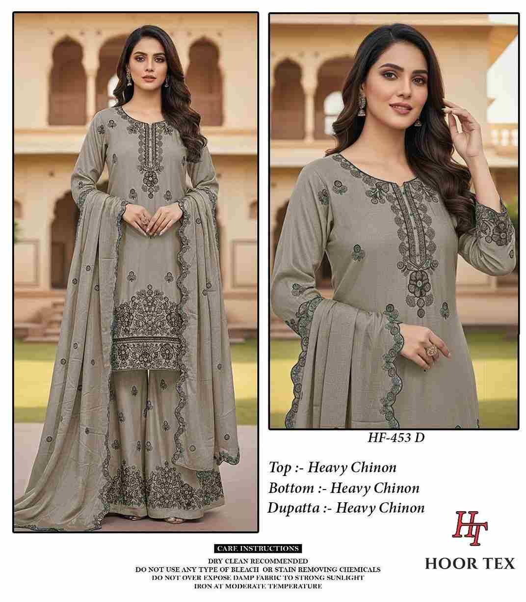 Hoor Tex Hit Design HF-453 Colours By Hoor Tex HF-453-A To HF-453-D Series Designer Festive Pakistani Suits Collection Beautiful Stylish Fancy Colorful Party Wear & Occasional Wear Heavy Chinnon With Embroidered Dresses At Wholesale Price