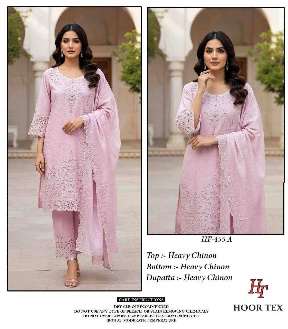 Hoor Tex Hit Design HF-455 Colours By Hoor Tex HF-455-A To HF-455-D Series Designer Festive Pakistani Suits Collection Beautiful Stylish Fancy Colorful Party Wear & Occasional Wear Heavy Chinnon With Embroidered Dresses At Wholesale Price