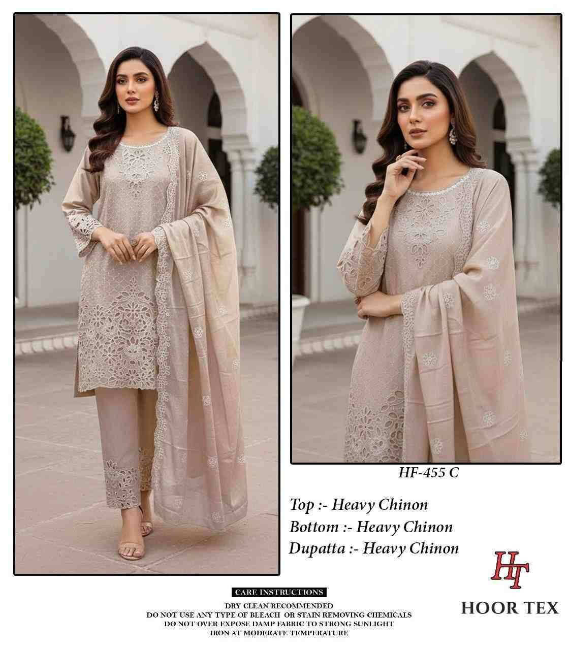 Hoor Tex Hit Design HF-455 Colours By Hoor Tex HF-455-A To HF-455-D Series Designer Festive Pakistani Suits Collection Beautiful Stylish Fancy Colorful Party Wear & Occasional Wear Heavy Chinnon With Embroidered Dresses At Wholesale Price