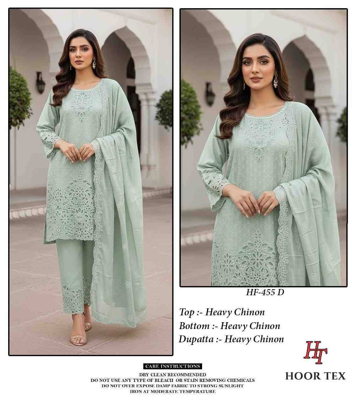 Hoor Tex Hit Design HF-455 Colours By Hoor Tex HF-455-A To HF-455-D Series Designer Festive Pakistani Suits Collection Beautiful Stylish Fancy Colorful Party Wear & Occasional Wear Heavy Chinnon With Embroidered Dresses At Wholesale Price