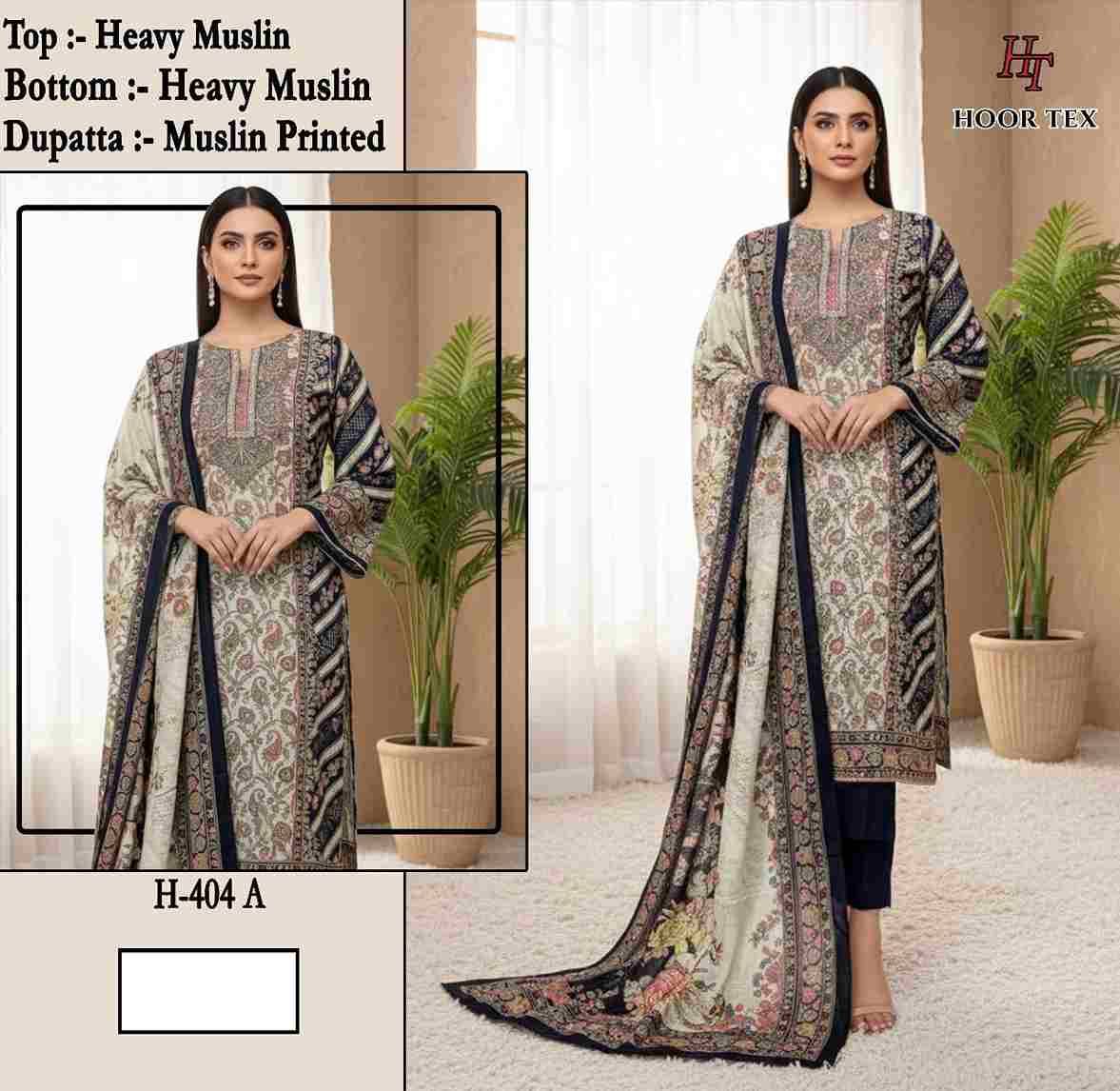 Hoor Tex Hit Design H-404 Colours By Hoor Tex H-404-A To H-404-F Series Designer Pakistani Suits Collection Beautiful Stylish Fancy Colorful Party Wear & Occasional Wear Heavy Muslin With Embroidered Dresses At Wholesale Price