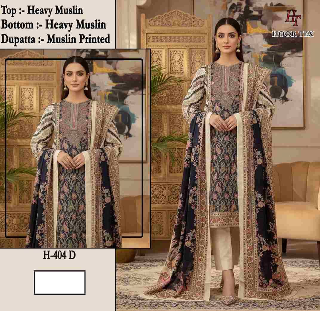 Hoor Tex Hit Design H-404 Colours By Hoor Tex H-404-A To H-404-F Series Designer Pakistani Suits Collection Beautiful Stylish Fancy Colorful Party Wear & Occasional Wear Heavy Muslin With Embroidered Dresses At Wholesale Price