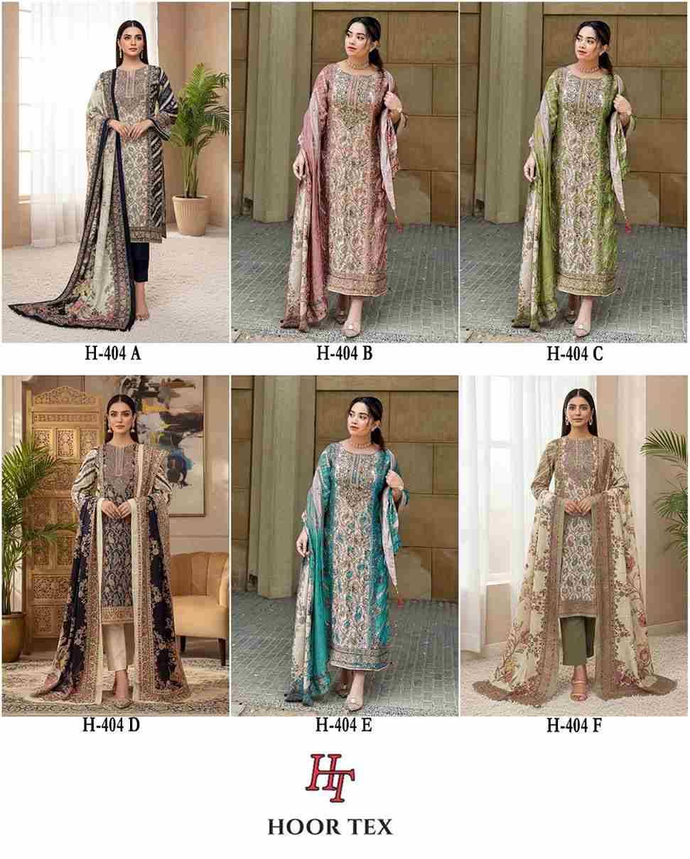 Hoor Tex Hit Design H-404 Colours By Hoor Tex H-404-A To H-404-F Series Designer Pakistani Suits Collection Beautiful Stylish Fancy Colorful Party Wear & Occasional Wear Heavy Muslin With Embroidered Dresses At Wholesale Price