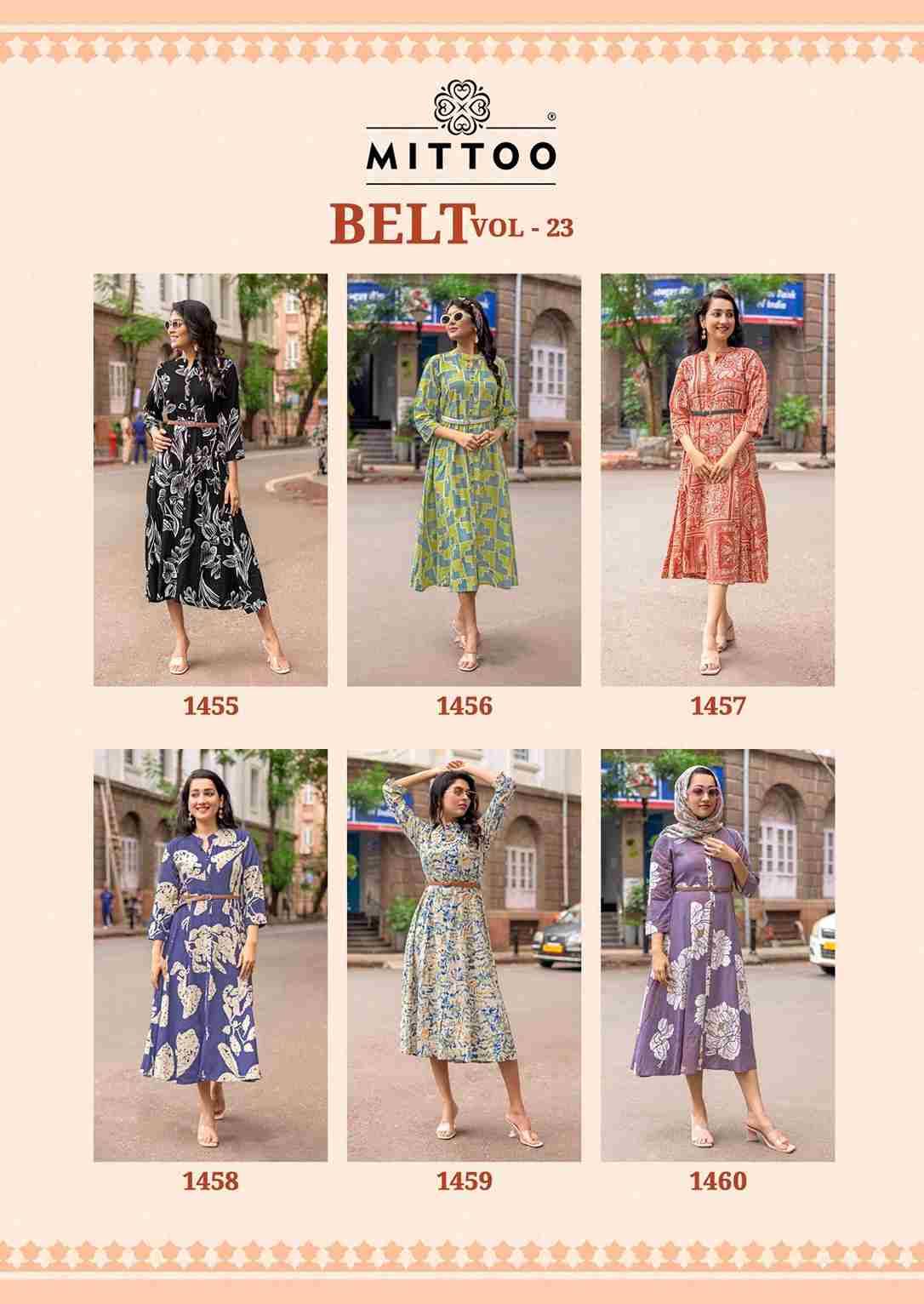 Belt Vol-23 By Mittoo 1455 To 1460 Series Designer Stylish Fancy Colorful Beautiful Party Wear & Ethnic Wear Collection Rayon Print Kurtis At Wholesale Price