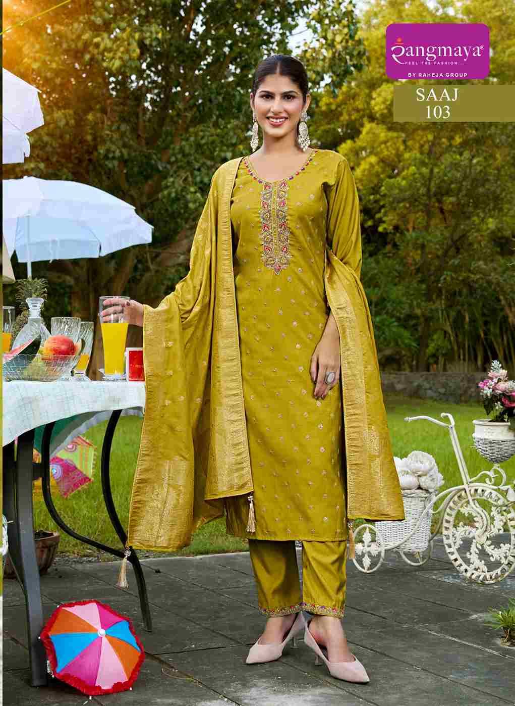 Saaj By Rangmaya 101 To 108 Series Beautiful Festive Suits Stylish Fancy Colorful Casual Wear & Ethnic Wear Pure Roman Slub Dresses At Wholesale Price