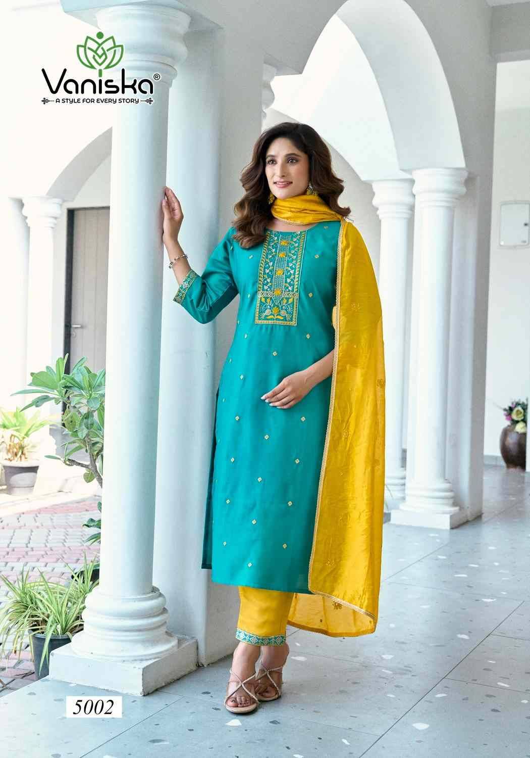 Fiza Vol-5 By Vaniska 5001 To 5006 Series Designer Festive Suits Collection Beautiful Stylish Fancy Colorful Party Wear & Occasional Wear Roman Silk Dresses At Wholesale Price