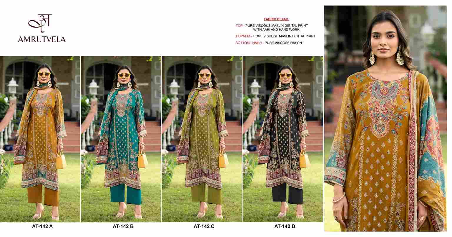 Amrutvela Hit Design AT-142 Colours By Amrutvela AT-142-A To AT-142-D Series Designer Pakistani Suits Collection Beautiful Stylish Fancy Colorful Party Wear & Occasional Wear Viscose Muslin Dresses At Wholesale Price