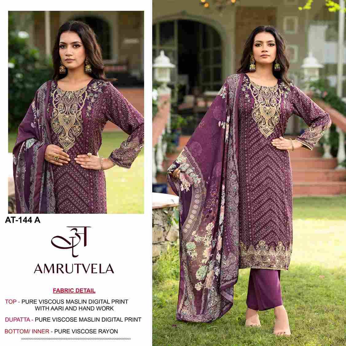Amrutvela Hit Design AT-144 Colours By Amrutvela AT-144-A To AT-144-D Series Designer Pakistani Suits Collection Beautiful Stylish Fancy Colorful Party Wear & Occasional Wear Viscose Muslin Dresses At Wholesale Price