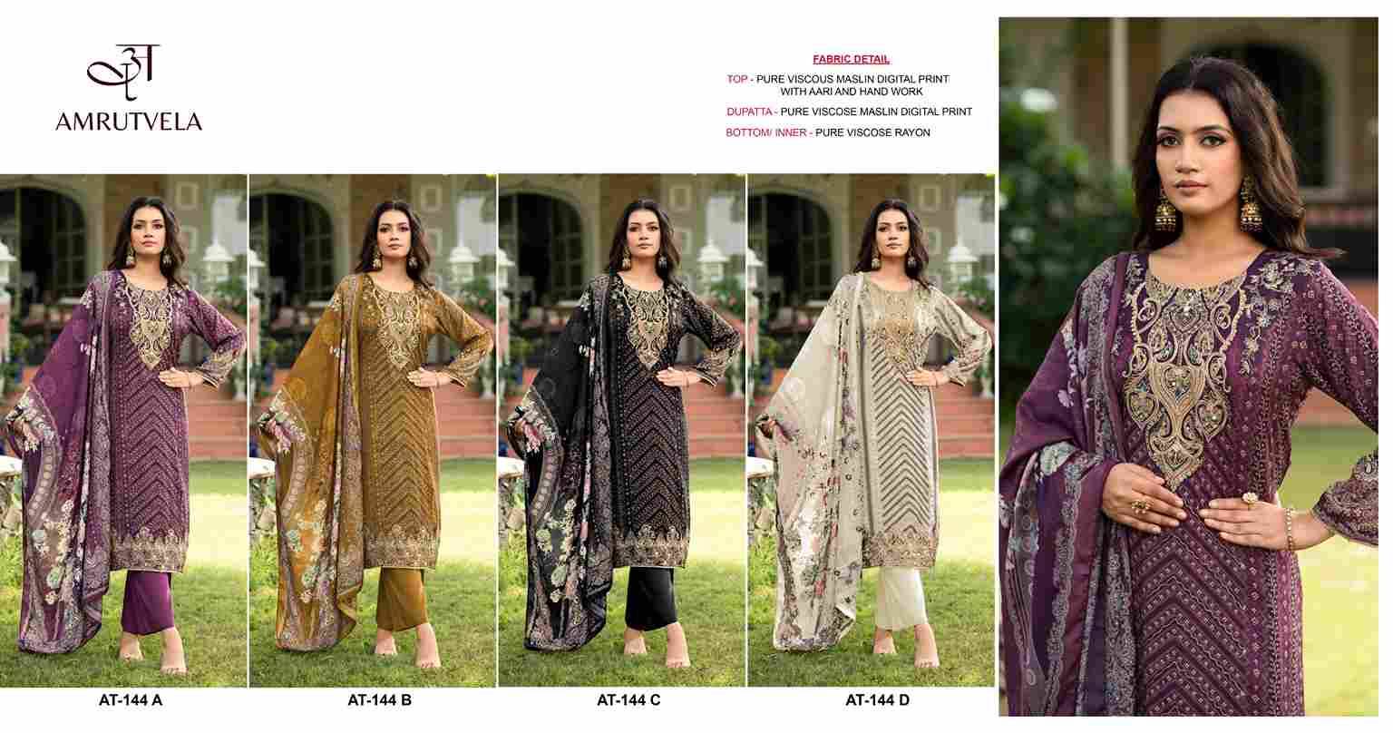 Amrutvela Hit Design AT-144 Colours By Amrutvela AT-144-A To AT-144-D Series Designer Pakistani Suits Collection Beautiful Stylish Fancy Colorful Party Wear & Occasional Wear Viscose Muslin Dresses At Wholesale Price