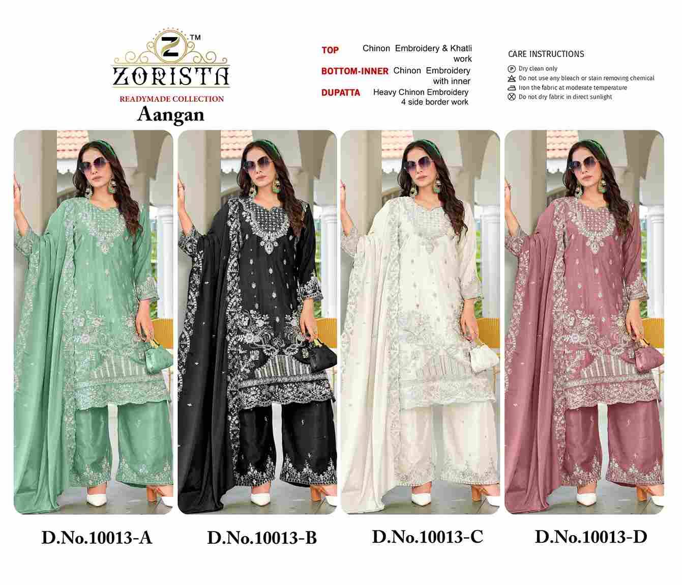 Aangan By Zorista 10013-A To 10013-D Series Designer Pakistani Suits Beautiful Fancy Stylish Colorful Party Wear & Occasional Wear Chinnon With Embroidery Dresses At Wholesale Price