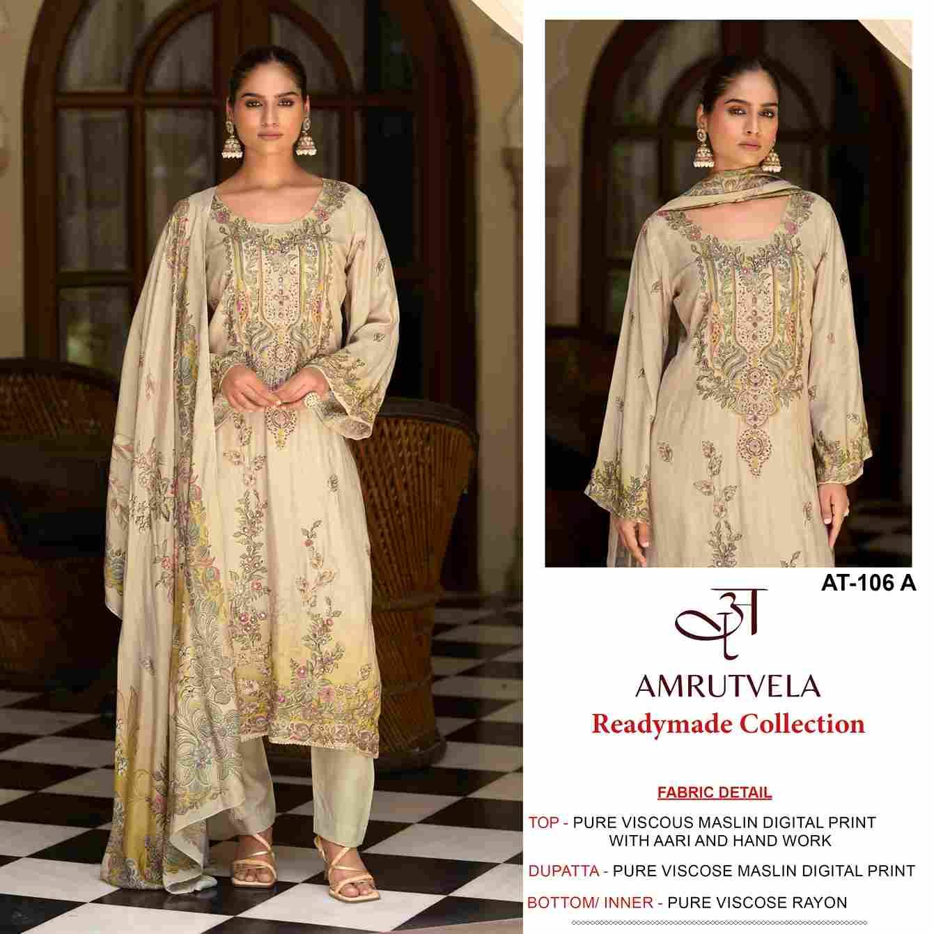 Amrutvela Hit Design AT-106 Colours By Amrutvela AT-106-A To AT-106-B Series Designer Pakistani Suits Collection Beautiful Stylish Fancy Colorful Party Wear & Occasional Wear Viscose Muslin Dresses At Wholesale Price