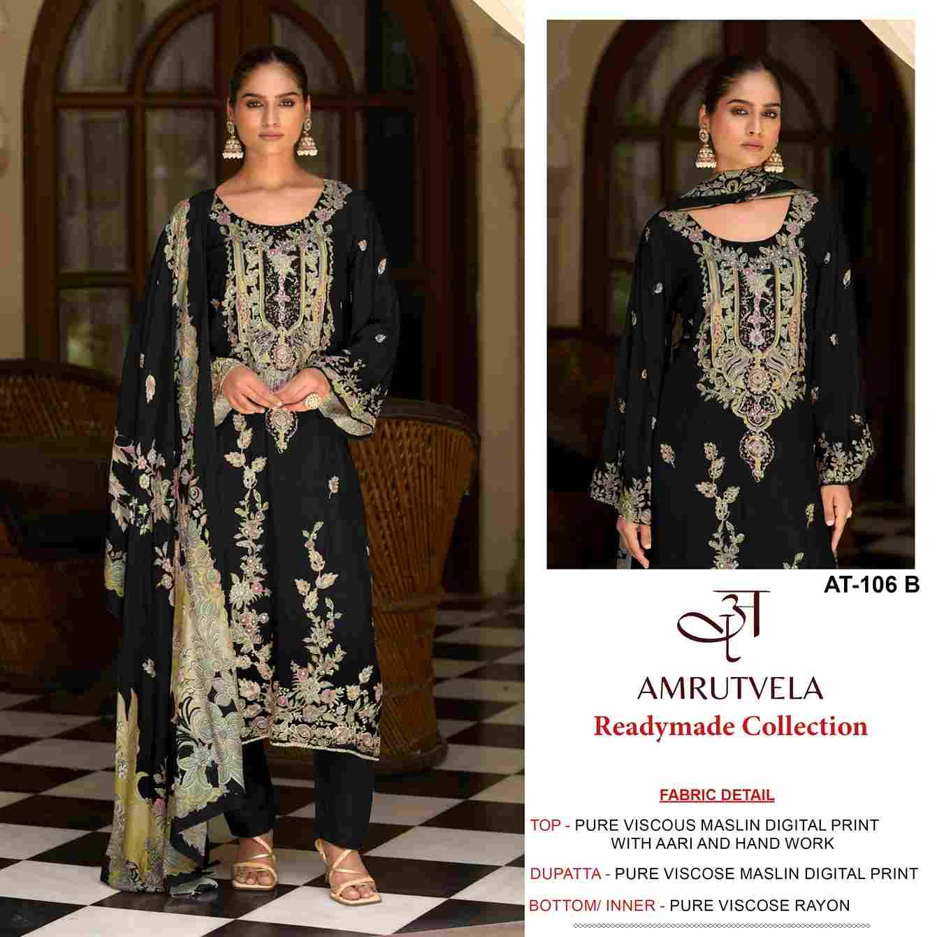 Amrutvela Hit Design AT-106 Colours By Amrutvela AT-106-A To AT-106-B Series Designer Pakistani Suits Collection Beautiful Stylish Fancy Colorful Party Wear & Occasional Wear Viscose Muslin Dresses At Wholesale Price