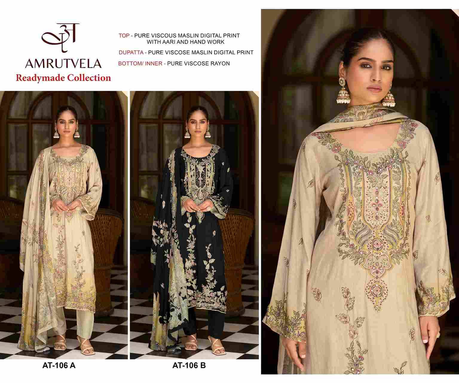 Amrutvela Hit Design AT-106 Colours By Amrutvela AT-106-A To AT-106-B Series Designer Pakistani Suits Collection Beautiful Stylish Fancy Colorful Party Wear & Occasional Wear Viscose Muslin Dresses At Wholesale Price