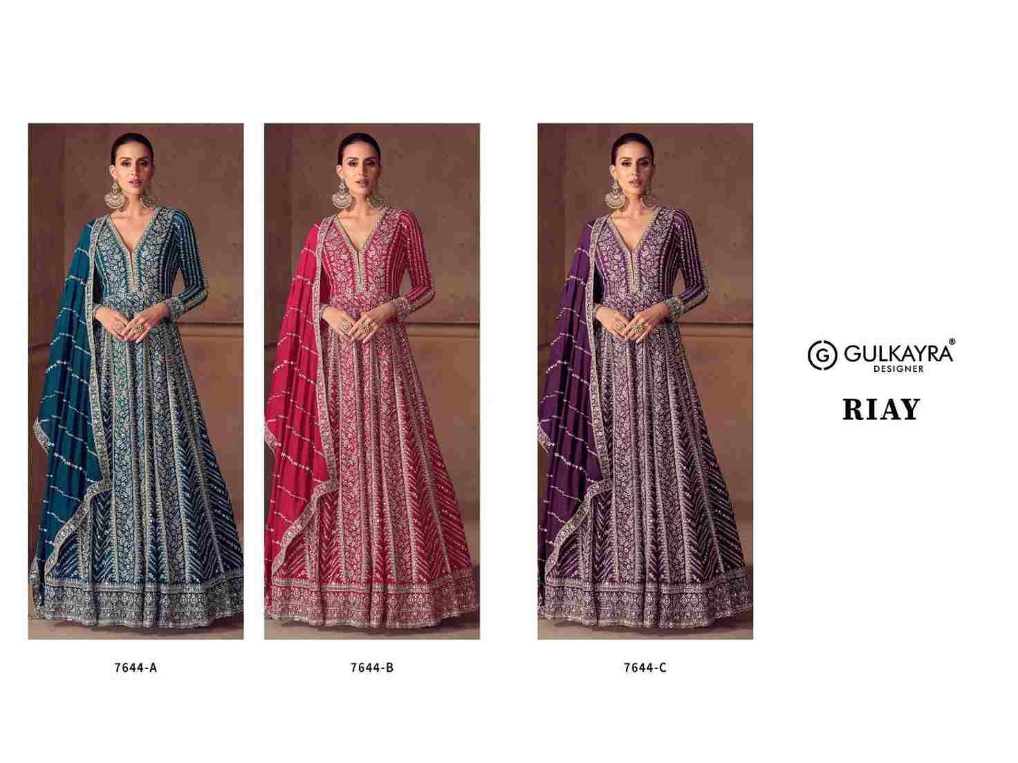 Riay By Gulkayra Designer 7644-A To 7644-C Series Designer Stylish Fancy Colorful Beautiful Party Wear & Ethnic Wear Collection Premium Chinnon Gowns With Dupatta At Wholesale Price