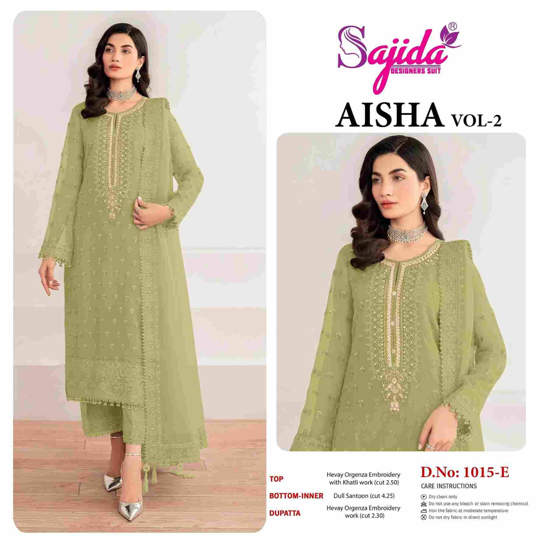 Aisha Vol-2 By Sajida Designer Suits 1015-E To 1015-H Series Beautiful Pakistani Suits Colorful Stylish Fancy Casual Wear & Ethnic Wear Organza Embroidered Dresses At Wholesale Price