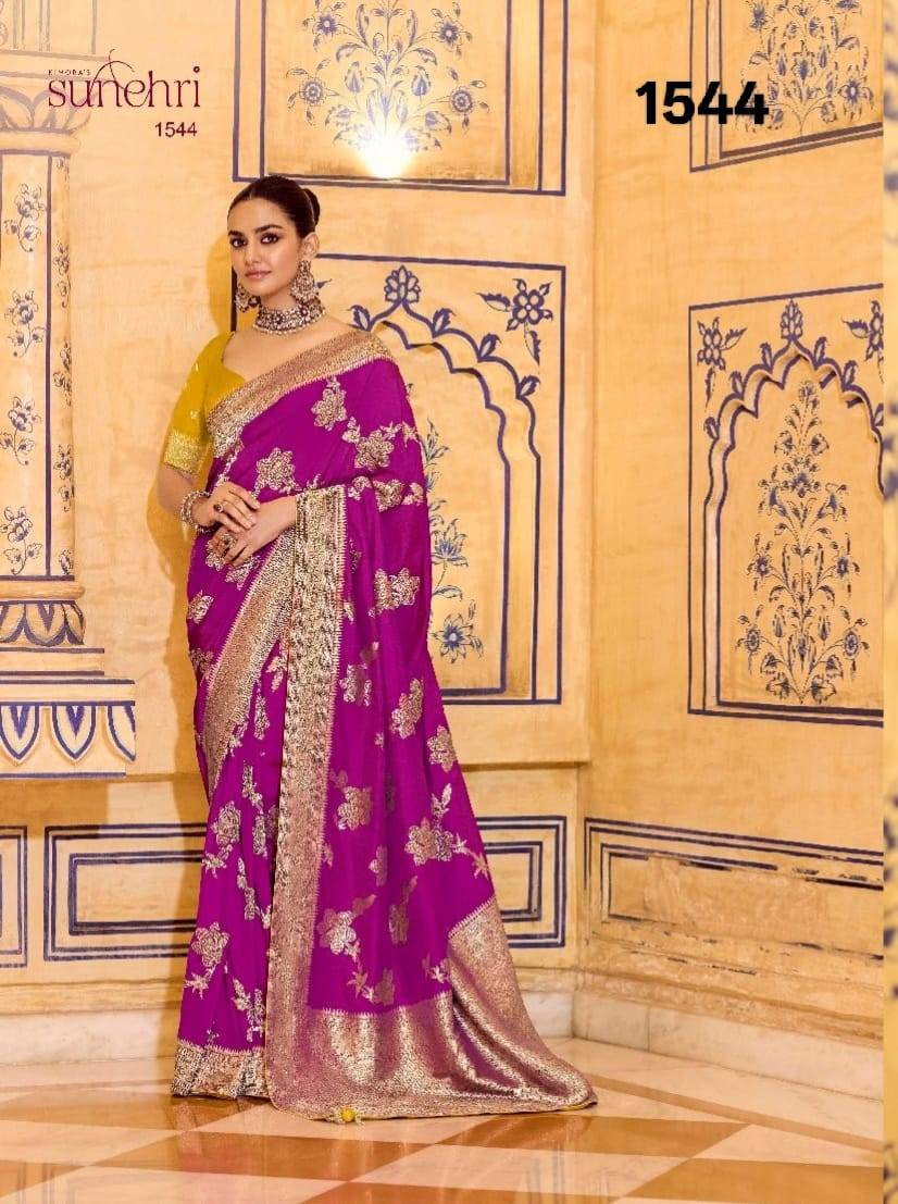 Rajmahal By Kimora Fashion 1541 To 1551 Series Indian Traditional Wear Collection Beautiful Stylish Fancy Colorful Party Wear & Occasional Wear Pure Banarasi Crepe Silk Sarees At Wholesale Price