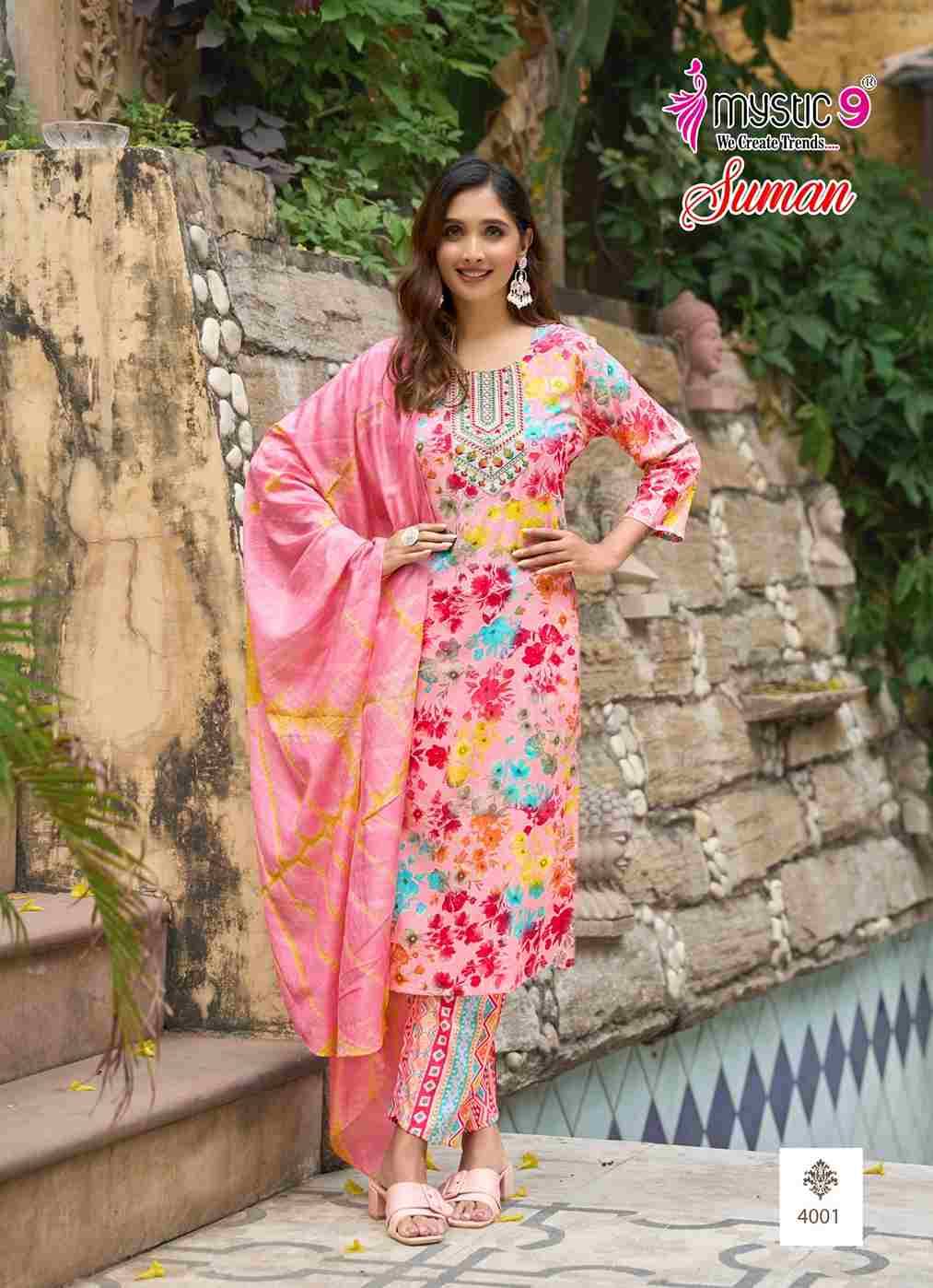 Suman Vol-4 By Mystic 9 4001 To 4008 Series Beautiful Suits Colorful Stylish Fancy Casual Wear & Ethnic Wear Rayon print Dresses At Wholesale Price