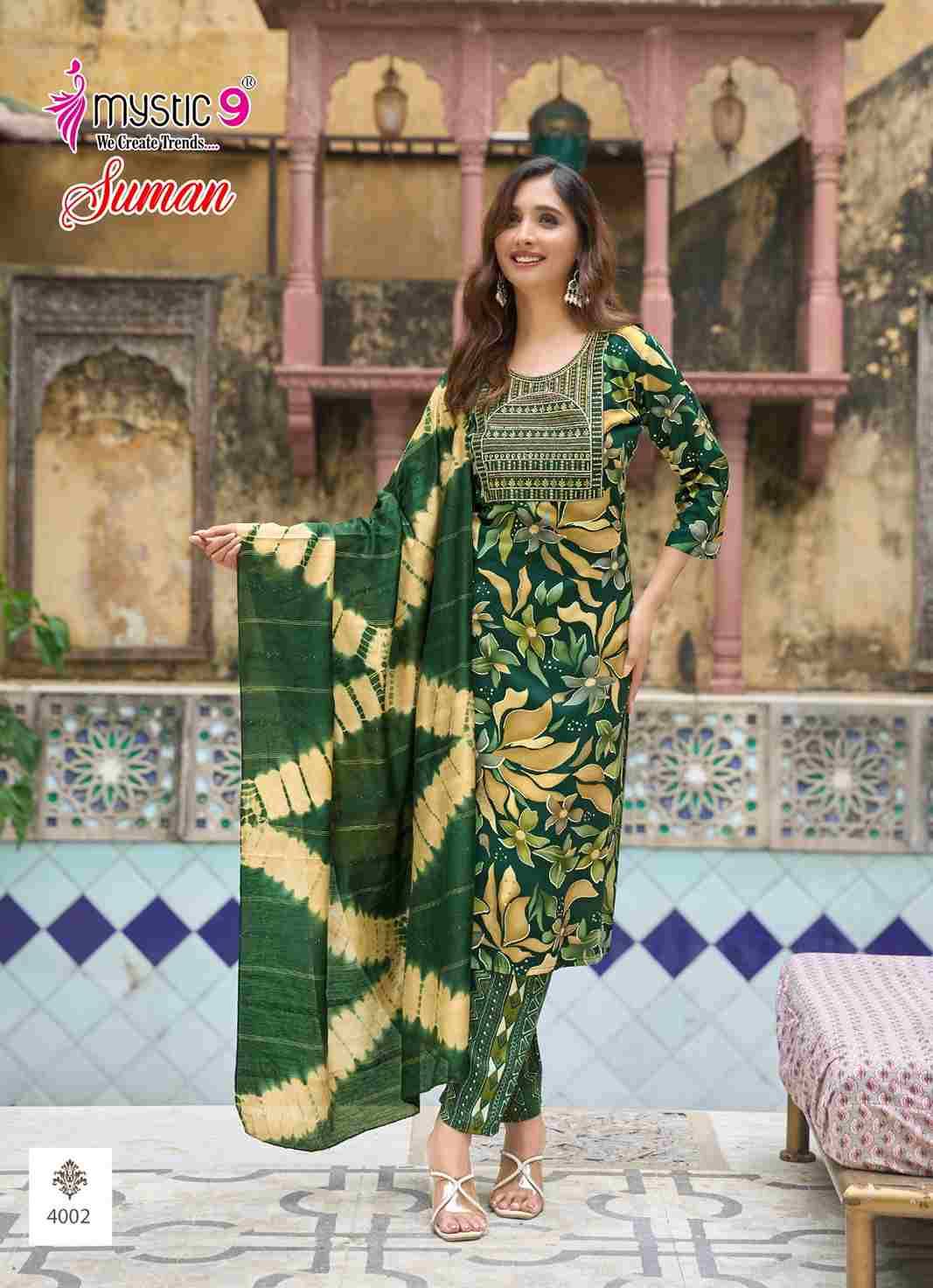 Suman Vol-4 By Mystic 9 4001 To 4008 Series Beautiful Suits Colorful Stylish Fancy Casual Wear & Ethnic Wear Rayon print Dresses At Wholesale Price