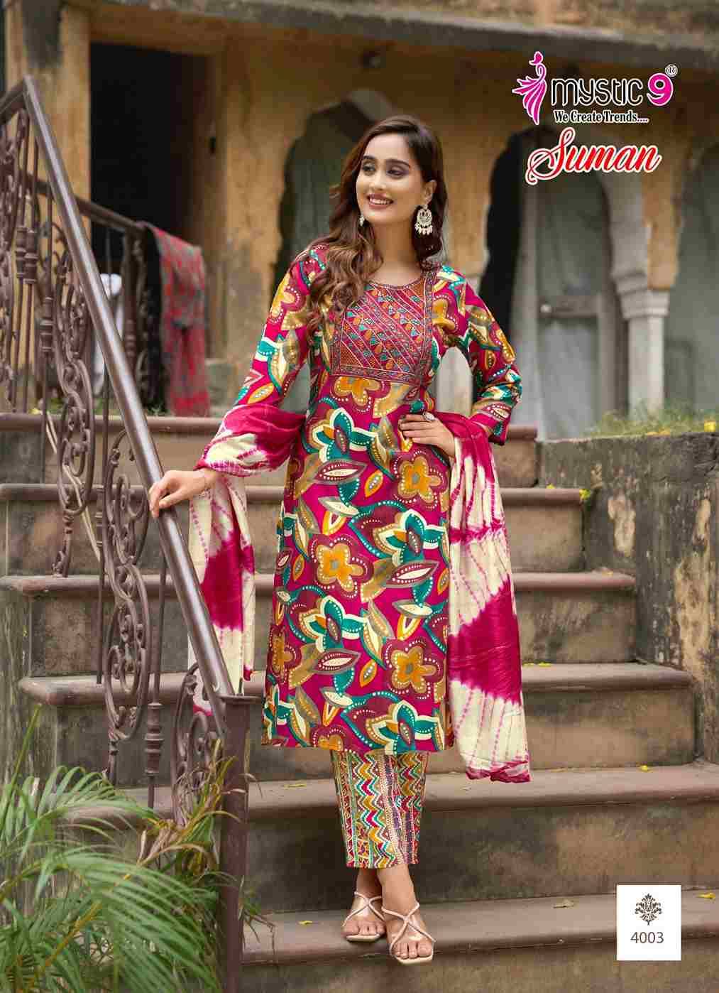Suman Vol-4 By Mystic 9 4001 To 4008 Series Beautiful Suits Colorful Stylish Fancy Casual Wear & Ethnic Wear Rayon print Dresses At Wholesale Price