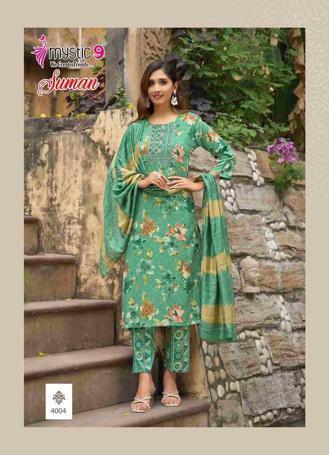 Suman Vol-4 By Mystic 9 4001 To 4008 Series Beautiful Suits Colorful Stylish Fancy Casual Wear & Ethnic Wear Rayon print Dresses At Wholesale Price