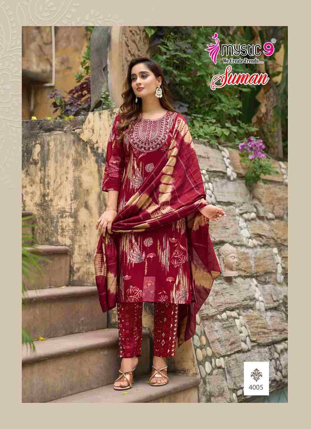 Suman Vol-4 By Mystic 9 4001 To 4008 Series Beautiful Suits Colorful Stylish Fancy Casual Wear & Ethnic Wear Rayon print Dresses At Wholesale Price