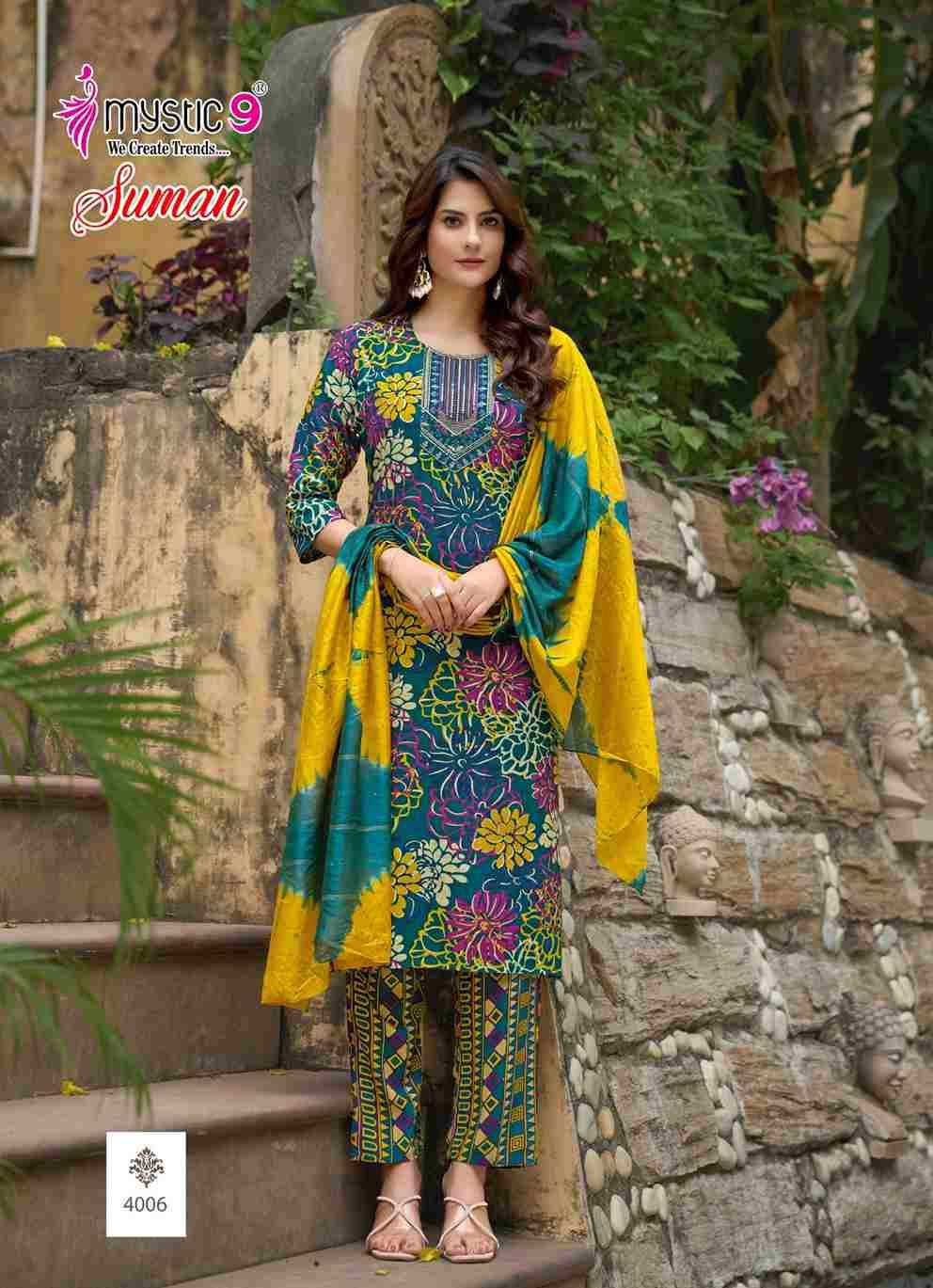 Suman Vol-4 By Mystic 9 4001 To 4008 Series Beautiful Suits Colorful Stylish Fancy Casual Wear & Ethnic Wear Rayon print Dresses At Wholesale Price
