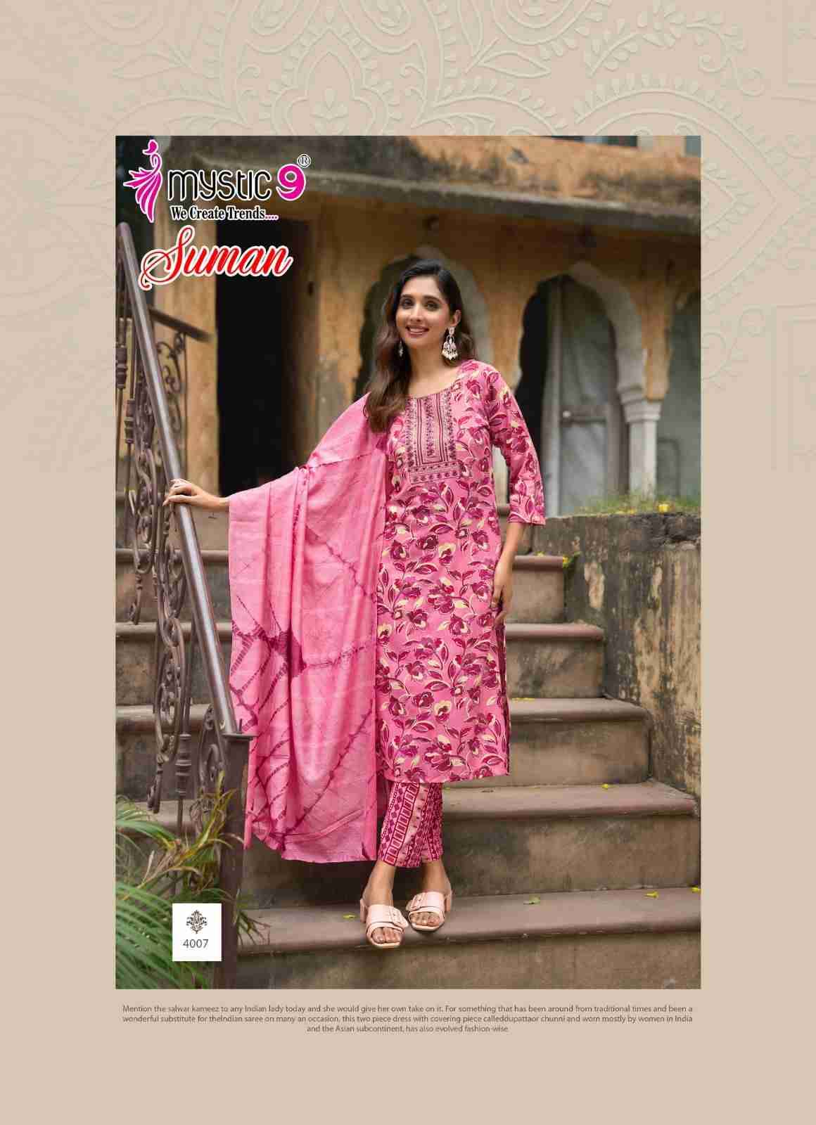 Suman Vol-4 By Mystic 9 4001 To 4008 Series Beautiful Suits Colorful Stylish Fancy Casual Wear & Ethnic Wear Rayon print Dresses At Wholesale Price
