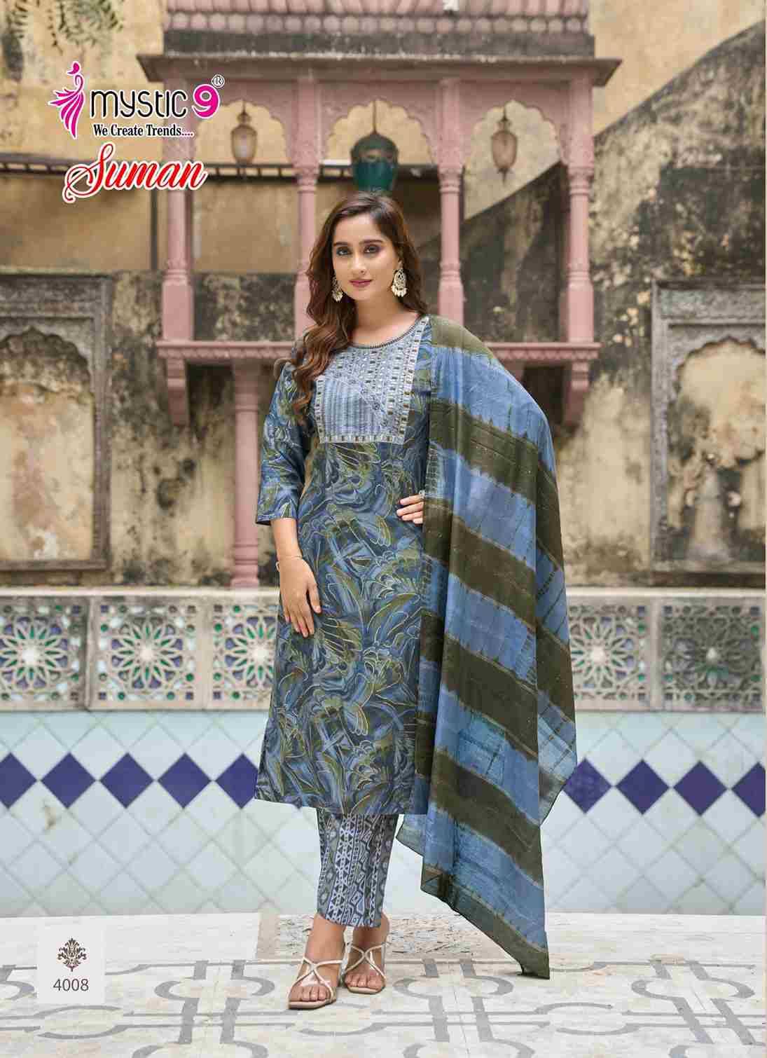 Suman Vol-4 By Mystic 9 4001 To 4008 Series Beautiful Suits Colorful Stylish Fancy Casual Wear & Ethnic Wear Rayon print Dresses At Wholesale Price