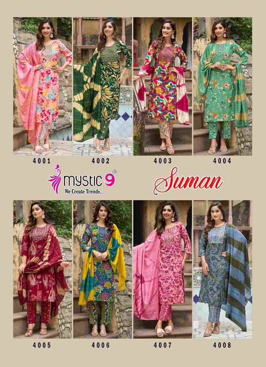 Suman Vol-4 By Mystic 9 4001 To 4008 Series Beautiful Suits Colorful Stylish Fancy Casual Wear & Ethnic Wear Rayon print Dresses At Wholesale Price