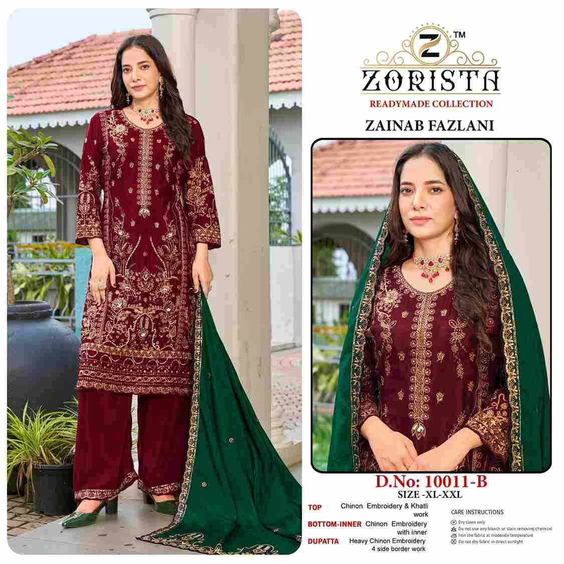 Zainab Fazlani By Zorista 10011-A To 10011-D Series Designer Pakistani Suits Beautiful Fancy Stylish Colorful Party Wear & Occasional Wear Chinnon Silk With Embroidery Dresses At Wholesale Price