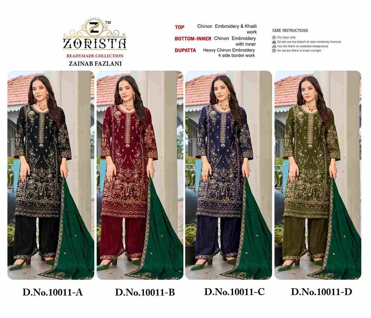 Zainab Fazlani By Zorista 10011-A To 10011-D Series Designer Pakistani Suits Beautiful Fancy Stylish Colorful Party Wear & Occasional Wear Chinnon Silk With Embroidery Dresses At Wholesale Price