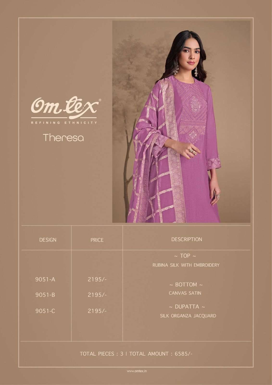 Theresa By Om Tex 9051-A To 9051-C Series Beautiful Festive Suits Colorful Stylish Fancy Casual Wear & Ethnic Wear Rubina Silk Dresses At Wholesale Price